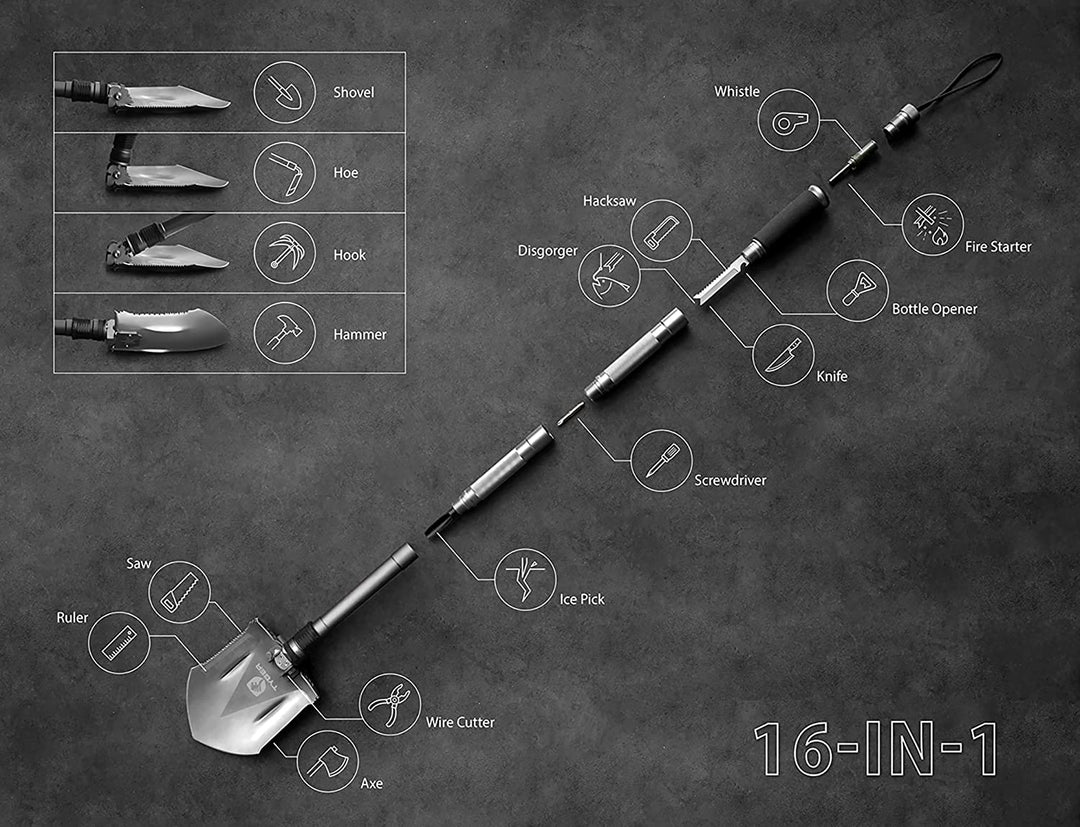TYGER SHOVEL MILITARY HEAVY DUTY FOLDING COMPACT TOOL W/16-IN-1 MULTIFUNCTION