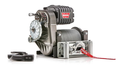 Angled view of the WARN M8274 10,000 lb truck, Jeep, and SUV winch with steel rope and roller fairlead