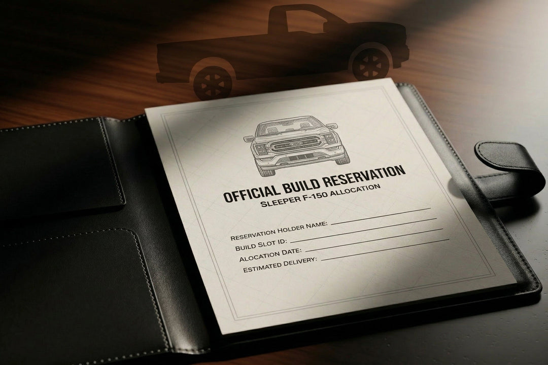 Official build reservation document for a Ford F-150 truck on a wooden surface.