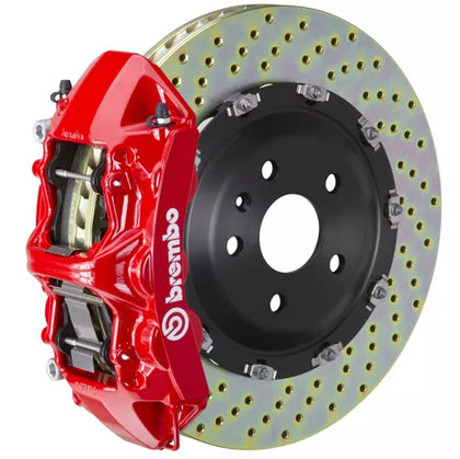 Brembo GT Series 6-Piston Front Big Brake Kit with 15-Inch 2-Piece Cross Drilled Rotors, Red Calipers - 2015-2023 Ford Mustang