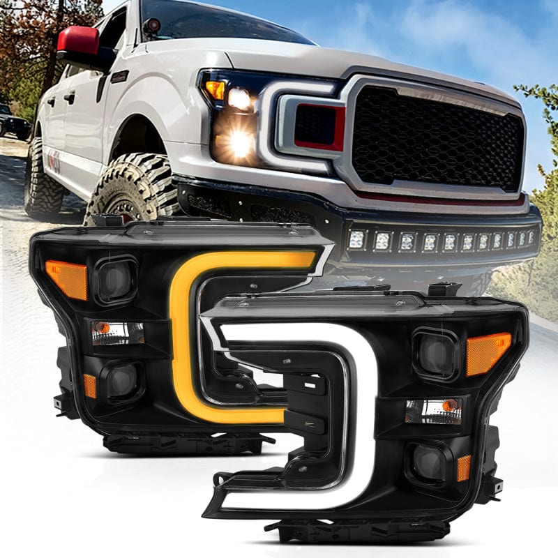 ANZO 18-20 Ford F-150 LED Projector Headlights w/ Plank Style Switchback Black w/ Amber