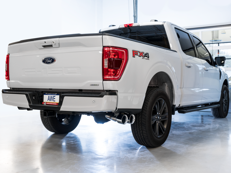 AWE 0FG 21-22 Ford F150 Dual Side Exit Cat-Back Exhaust- 4.5in Chrome Silver Tips