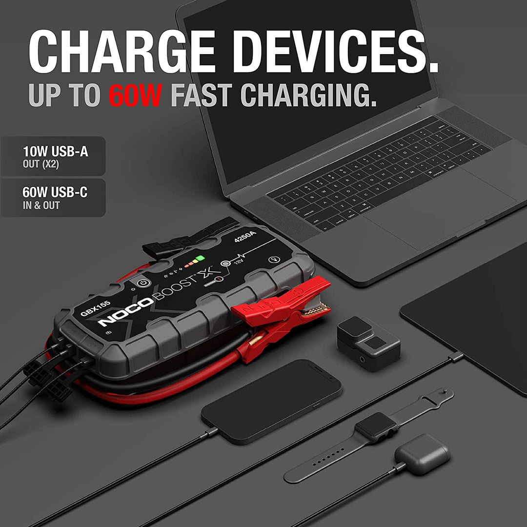 NOCO Boost X GBX155 4250A 12V UltraSafe Portable Lithium Jump Starter, Car Battery Booster Pack, USB-C Powerbank Charger, And Jumper Cables For Up To 10.0-Liter Gas And 8.0-Liter Diesel Engines , Gray