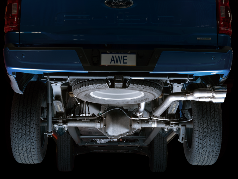 AWE 0FG 21-22 Ford F150 Dual Side Exit Cat-Back Exhaust- 4.5in Chrome Silver Tips